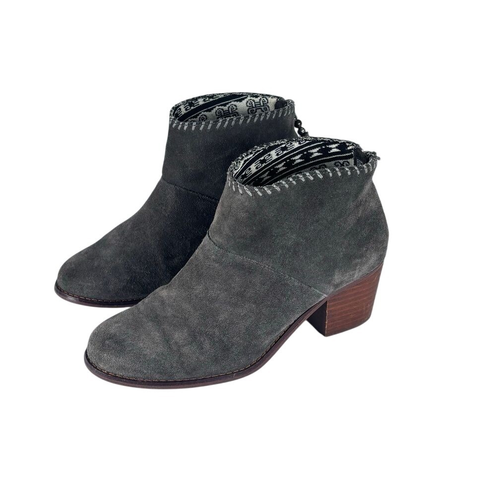 TOMS Wedge Ankle Boots Womens Sz 6.5 W Zipper Tassel Block Heel Gray Suede Boho
